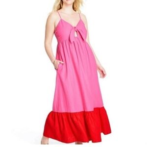 Tabitha Pink and Red Ruched Maxi Sundress